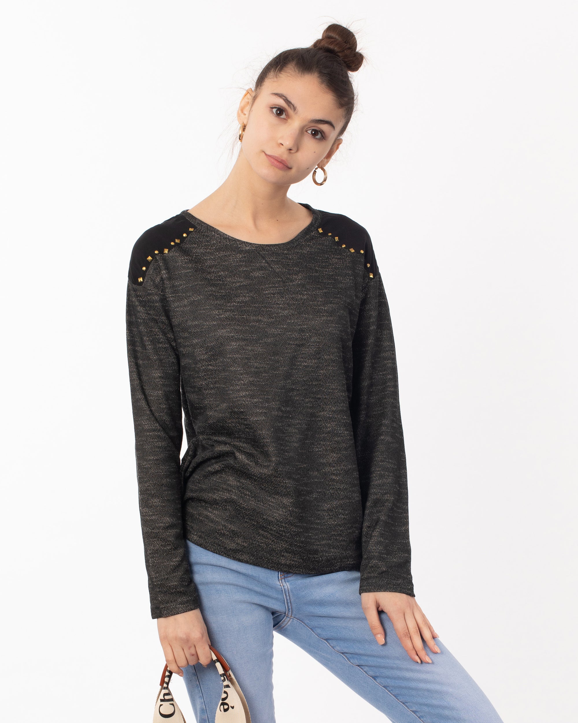 Stud Design On Shoulder &amp; Back Sweatshirt