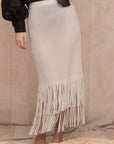 Pleated Midi Skirt with multi fringed tassel hem design in white