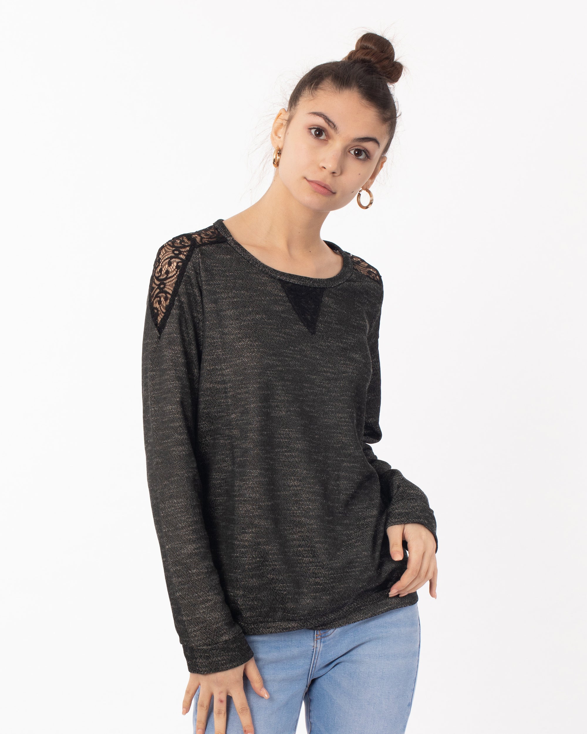 Lace Design On Shoulder  Sweatshirt