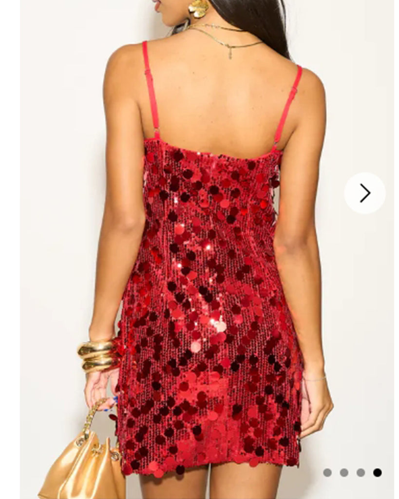 Circle Disc Sequin Strappy Short Dress in Red