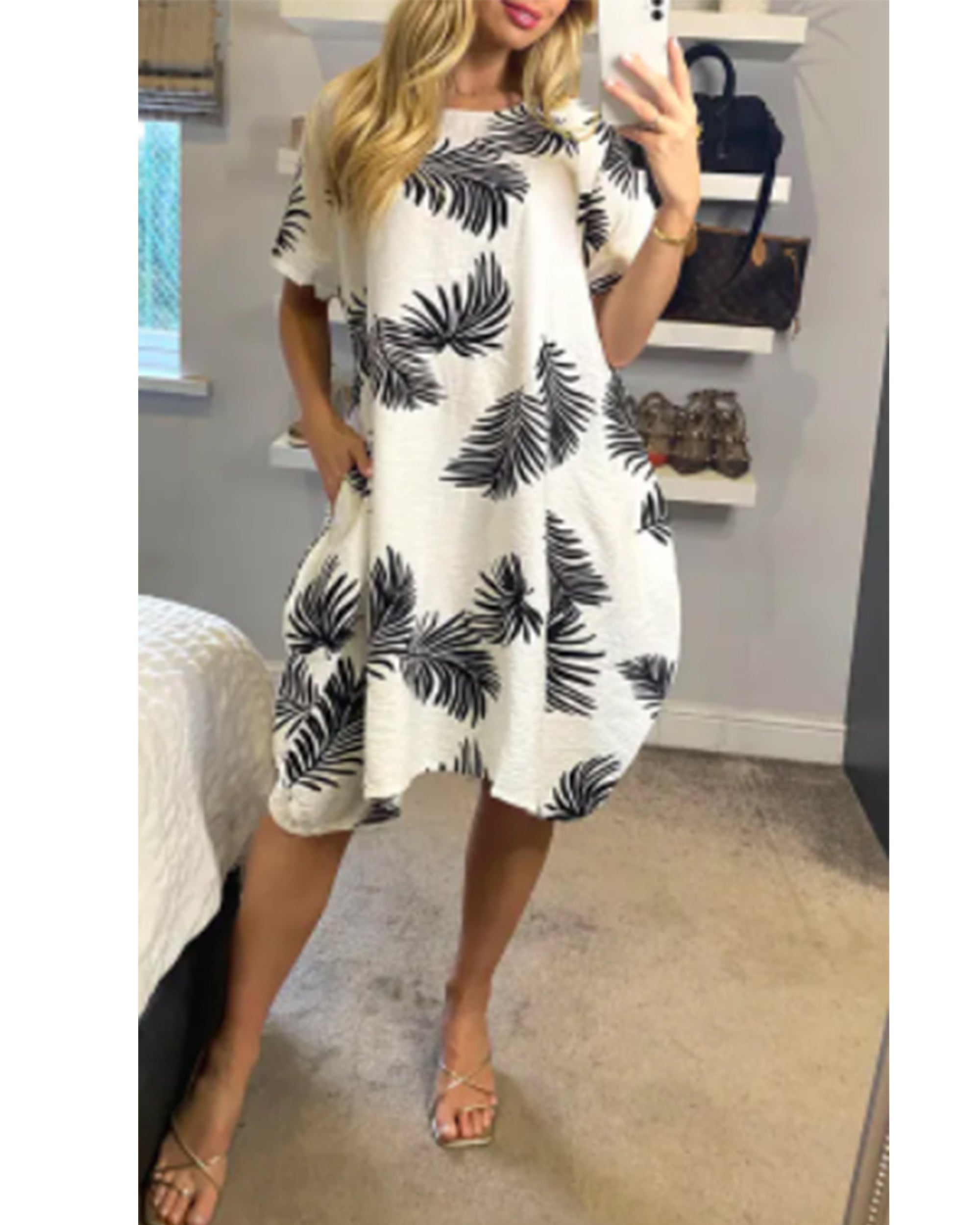 multi leaves print black white contrast cotton shift dress