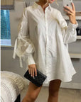 Oversized Ballon sleeves with tie up cotton blend shirt dress in white