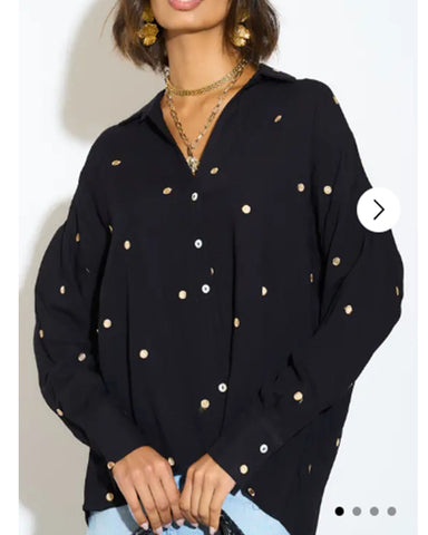 Gold Polka Dots Embroidered Shirt in Soft cotton fabric in Black