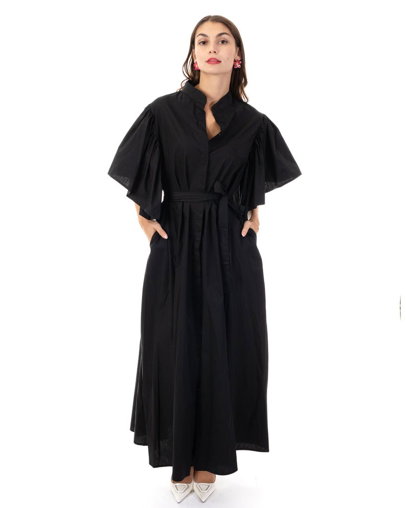 Cotton blend oversized shirt dress with ruffle sleeves design in black