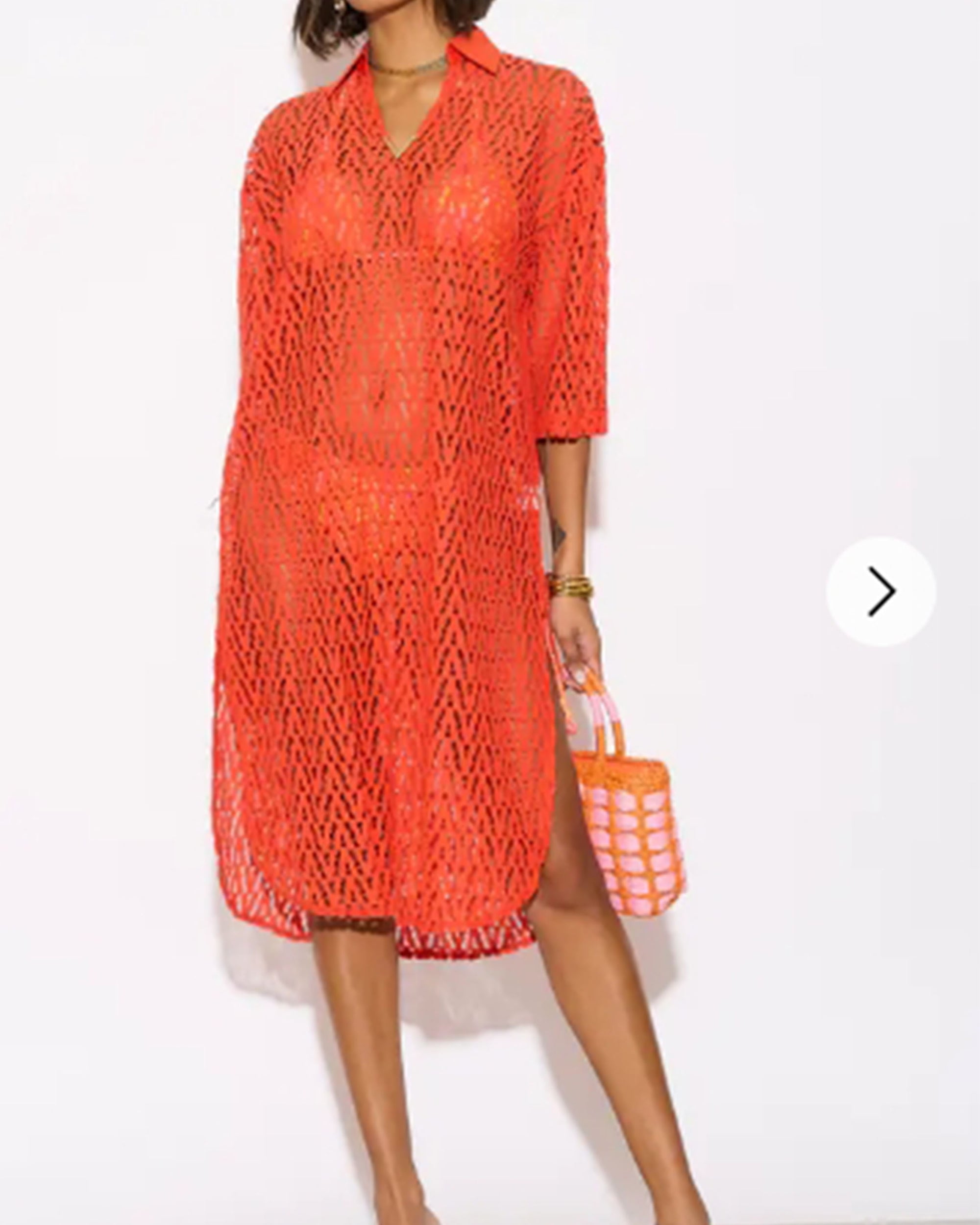 V pattern Lace kaftan dress in Orange Holiday wear collection in Orange