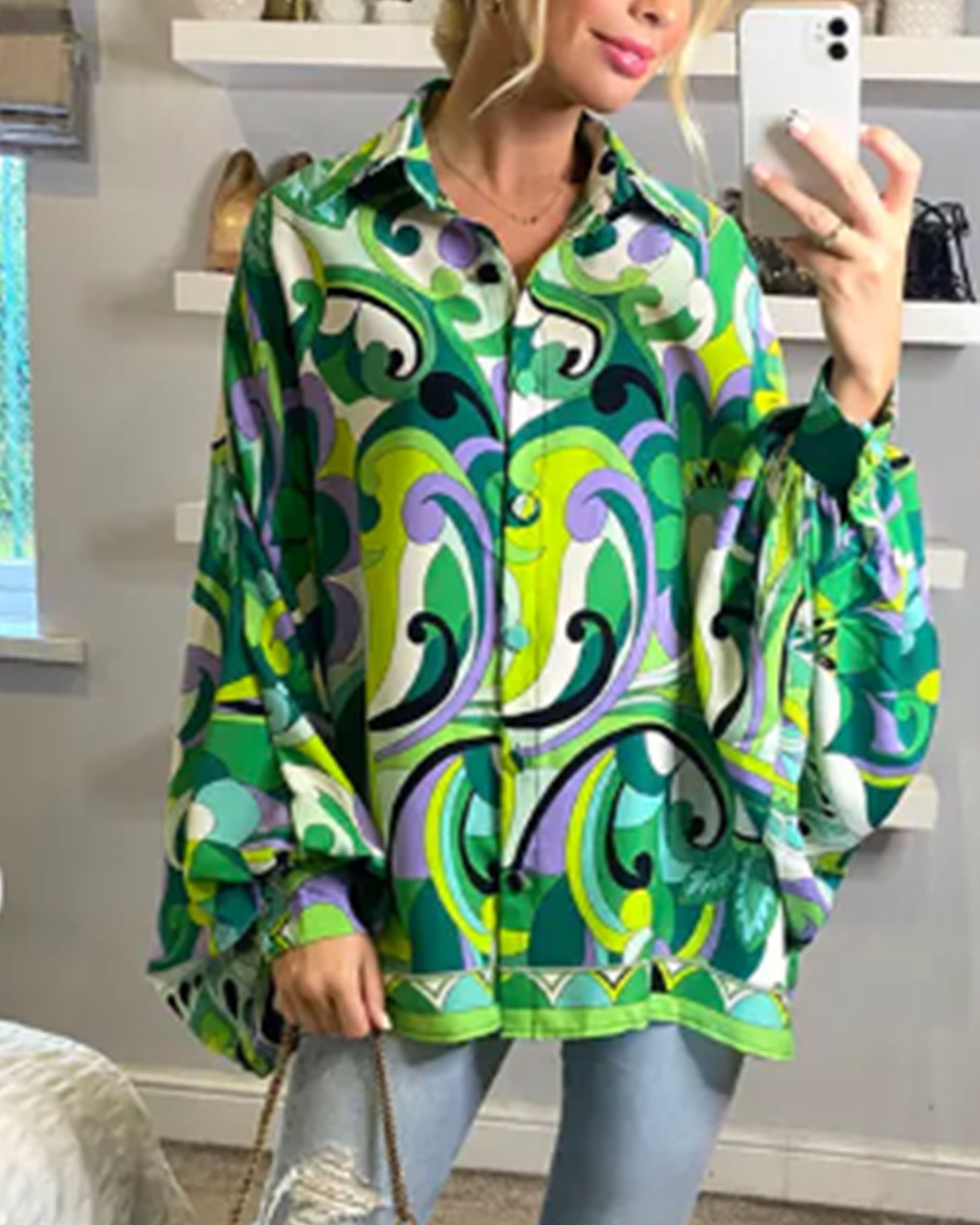 Oversized Long Sleeve Shirt in Green Blue Paisley Scarf print