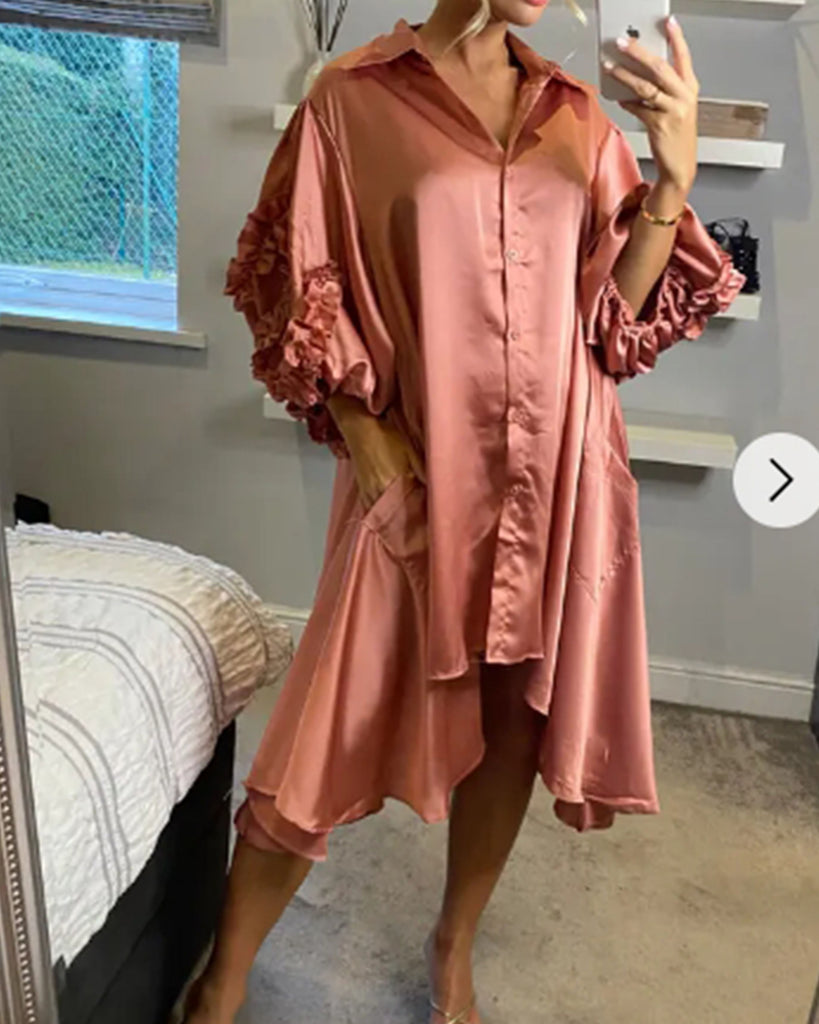 Floral sleeves design oversized sleeves shirt dress in pink