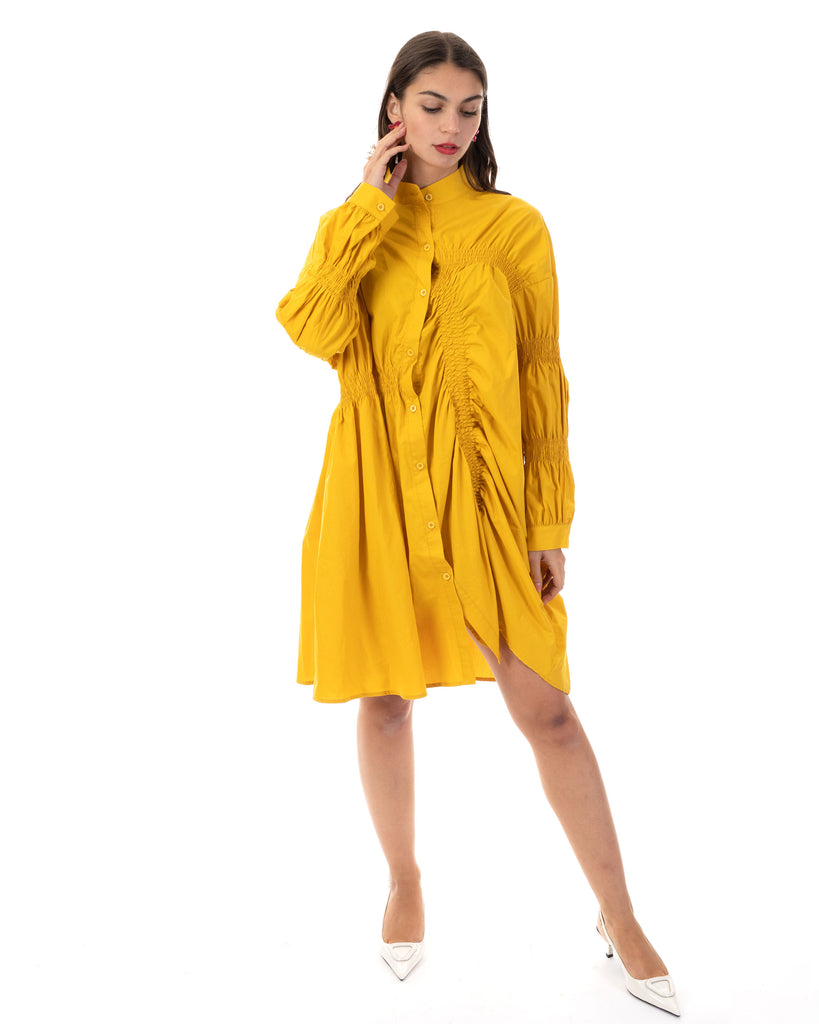 Asymmetry with Elasticated design cotton blend shirt dress in yellow