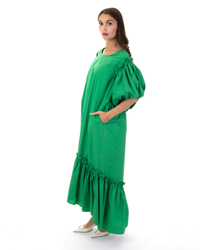 Oversized Puff Sleeves ruffle hem design Maxi dress in Green