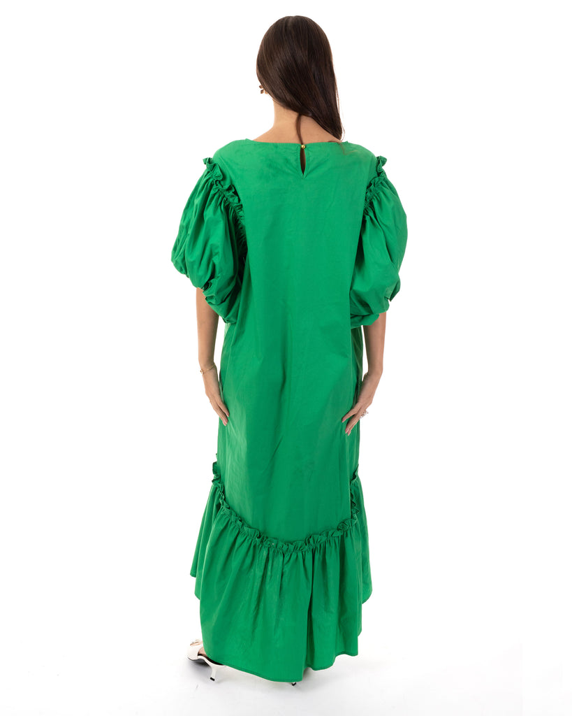 Oversized Puff Sleeves ruffle hem design Maxi dress in Green