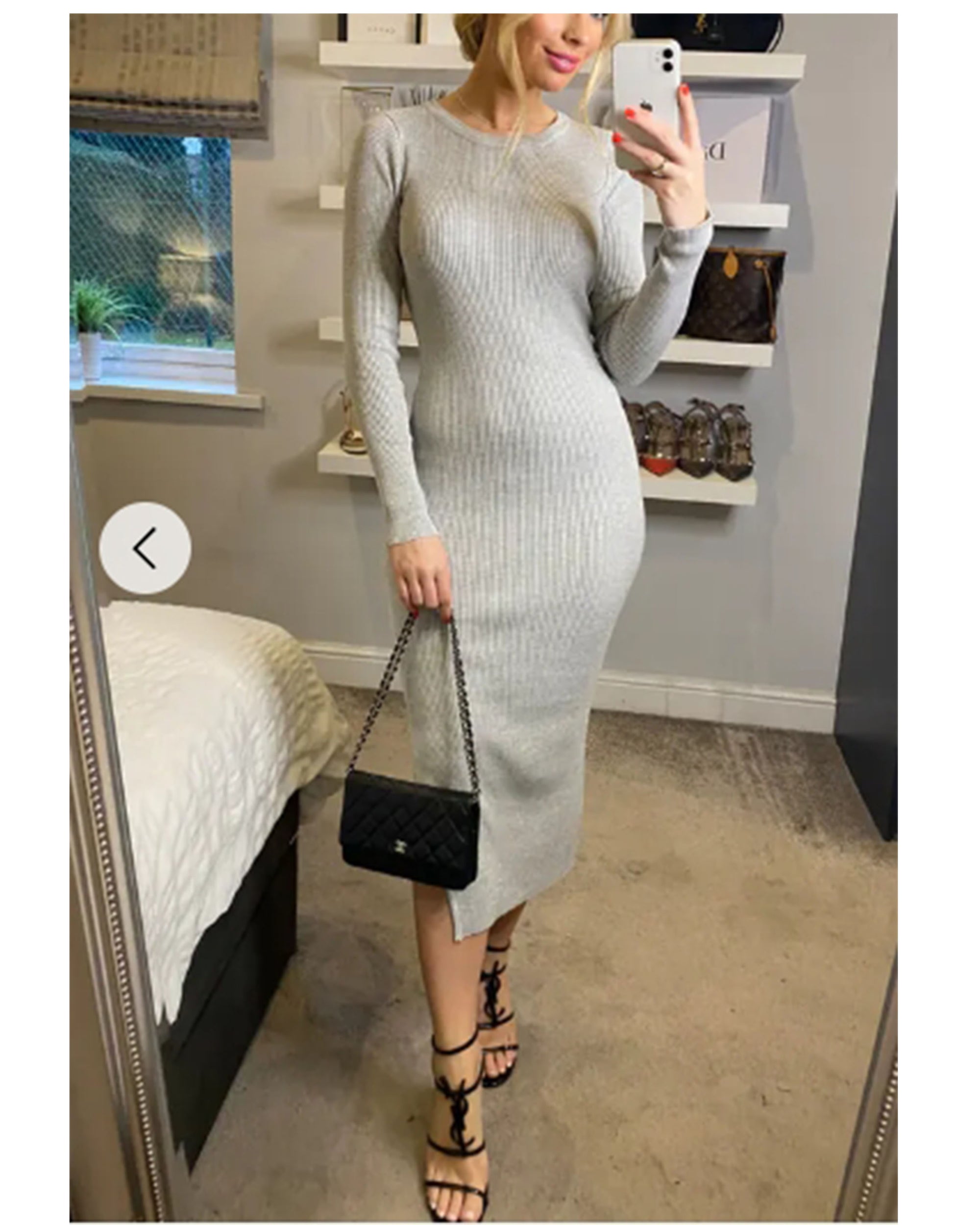 Ribbed midi Knit dress long sleeves in plain grey