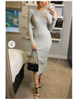 Ribbed midi Knit dress long sleeves in plain grey