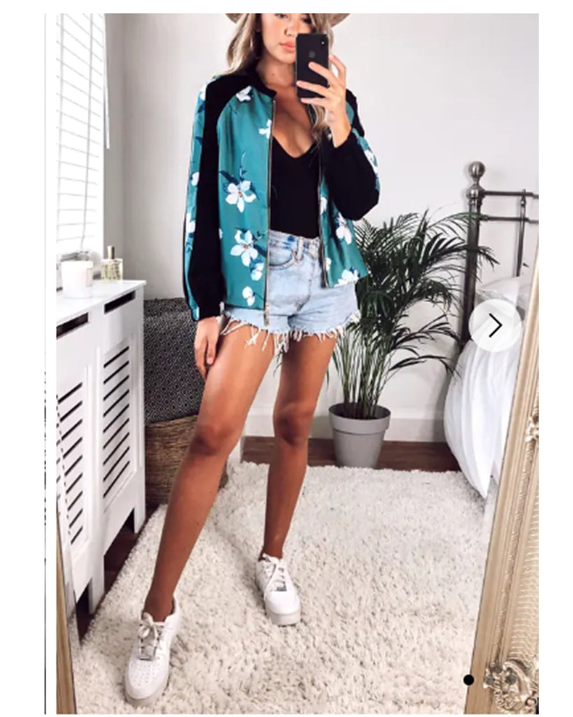 Floral Print Bomber Jacket (Green floral)