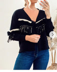 Black Cropped Cardigan with Tassel Fringe & Faux Fur