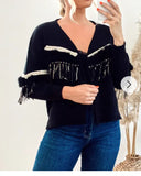 Black Cropped Cardigan with Tassel Fringe & Faux Fur