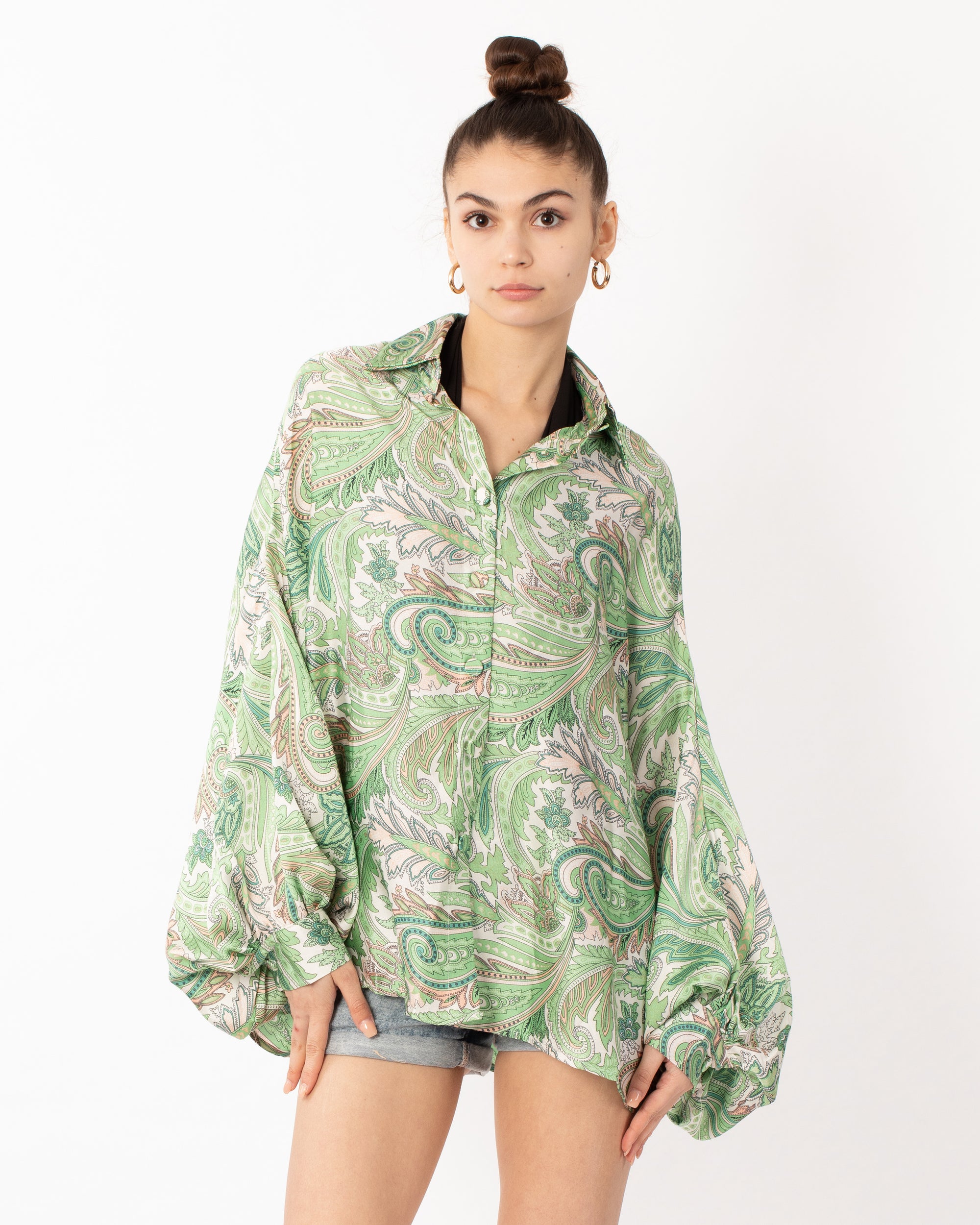 Oversized Long Sleeve Shirt in Green Paisley Scarf print