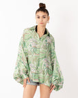 Oversized Long Sleeve Shirt in Green Paisley Scarf print