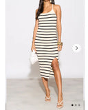 Knitted Stripe Print With Straps Design Midi Bodycon Dress