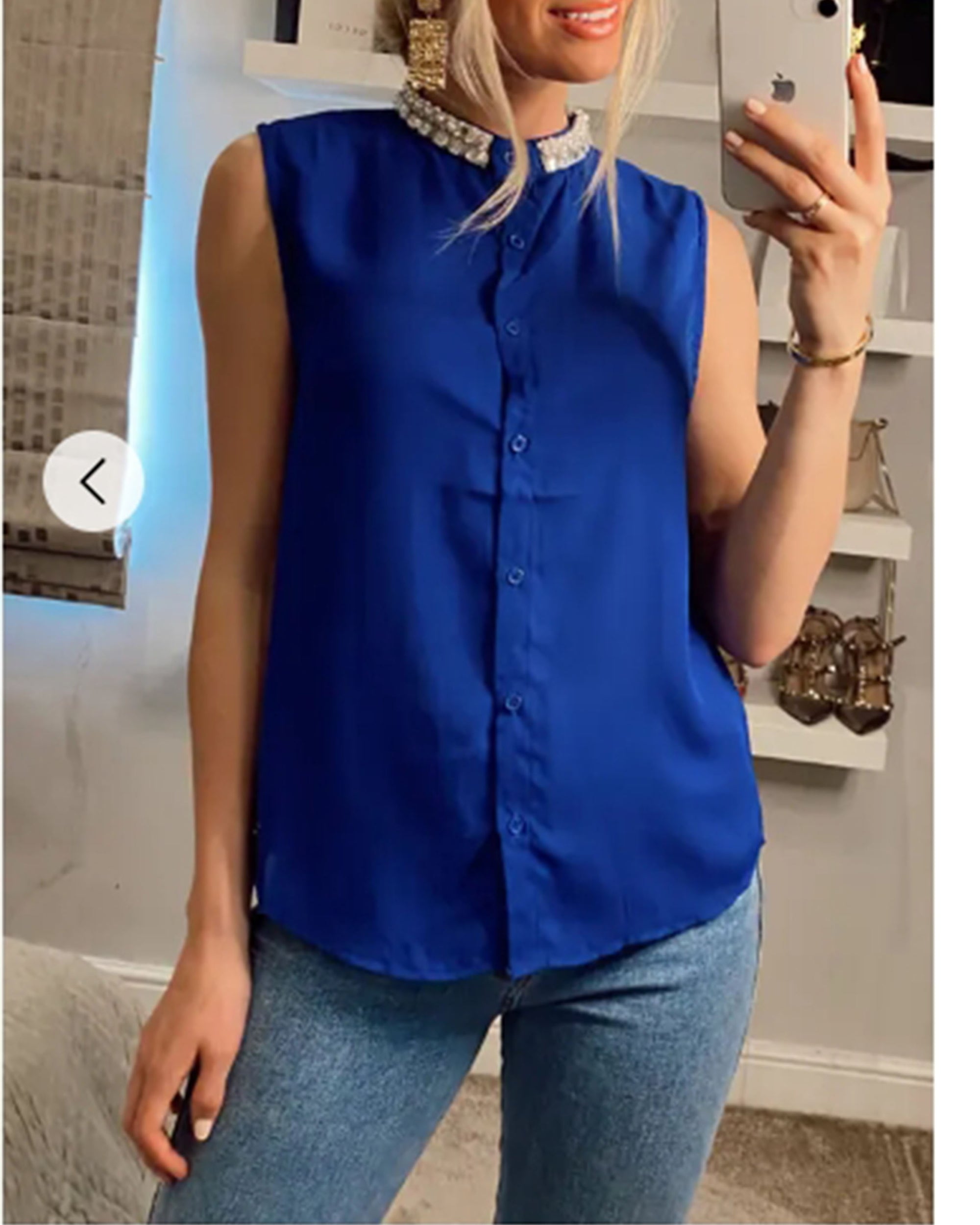 Pearl Embellished Neckline Sleeveless Top (Blue)