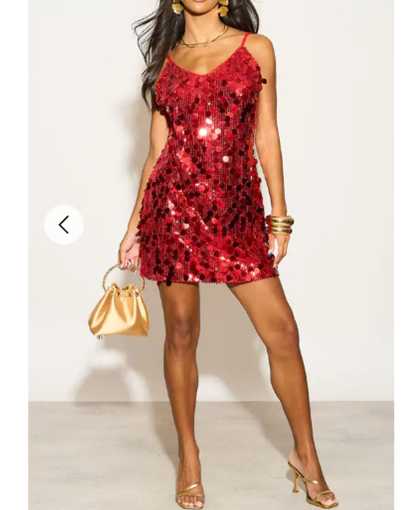 Circle Disc Sequin Strappy Short Dress in Red