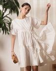 Asymmetry with adjustable ties design cotton blend dress in white