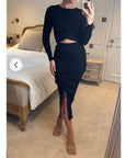 Long Sleeve Knit crop top with side lace up midi skirt co-ords in black