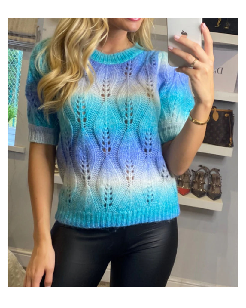 Tie dye effect rib knit short sleeves jumper top in blue