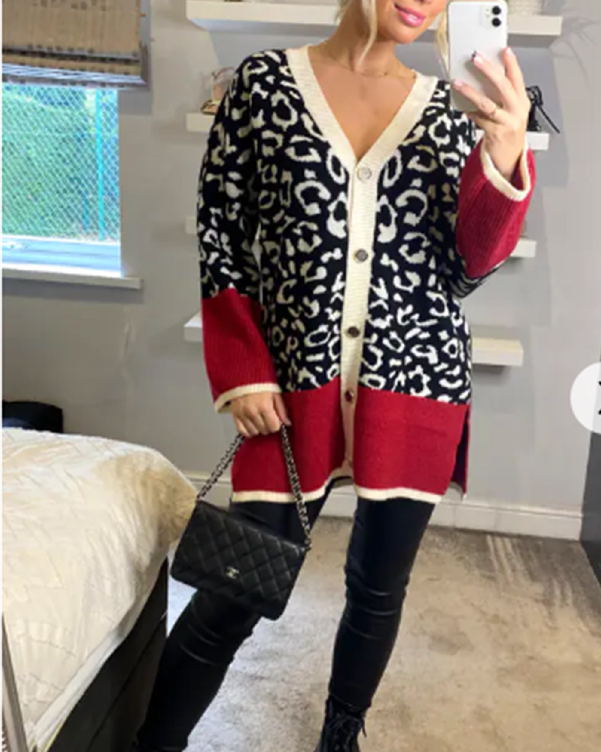 Leopard pattern design oversized cardigan with red hem