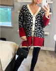 Leopard pattern design oversized cardigan with red hem