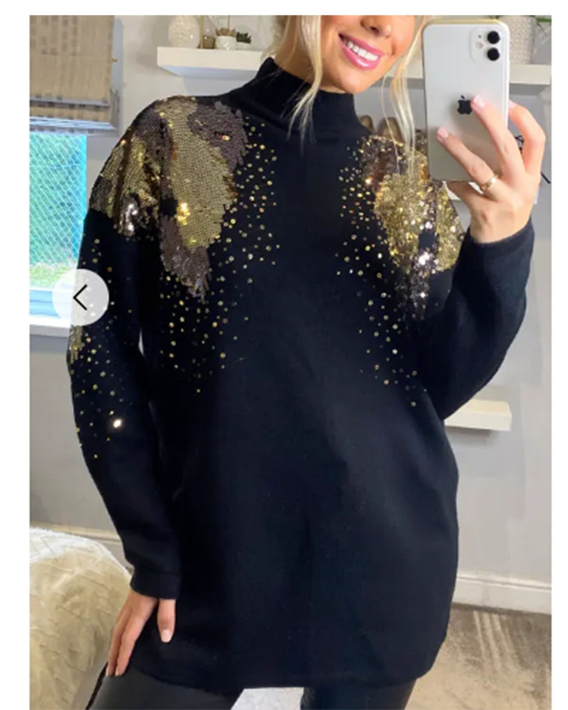 Gold Sliver Mix sequin embellished front and sleeves design jumper dress in black