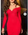 Soft Knit off the shoulder neckline long sleeves bodycon dress in red