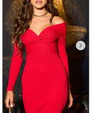 Soft Knit off the shoulder neckline long sleeves bodycon dress in red