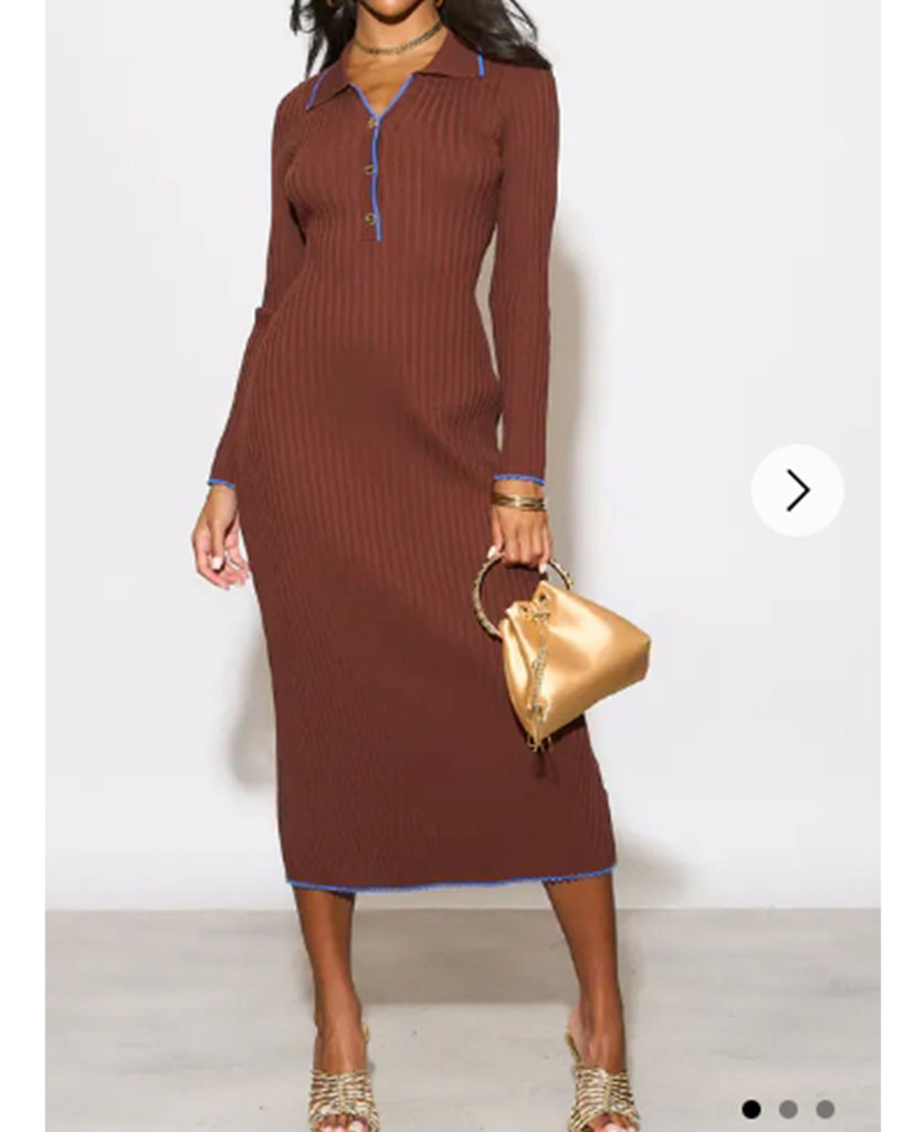 Brown color Soft knit long sleeves bodycon dress with blue line contrast design