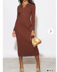 Brown color Soft knit long sleeves bodycon dress with blue line contrast design