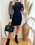 Black Bodycon Knit Dress with Polka Dot Organza Sleeves