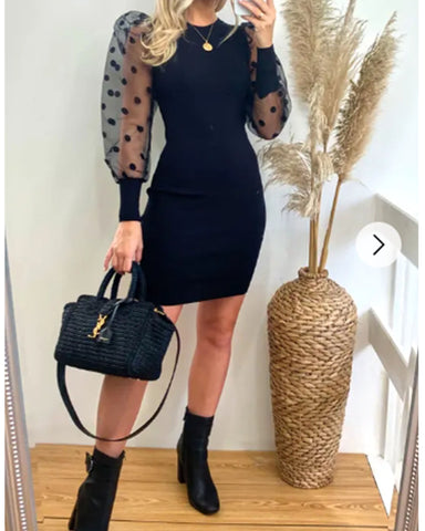 Black Bodycon Knit Dress with Polka Dot Organza Sleeves