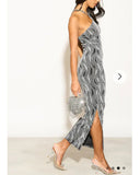 High-neck sleeveless metallic-knit with pattern print maxi dress in Sliver