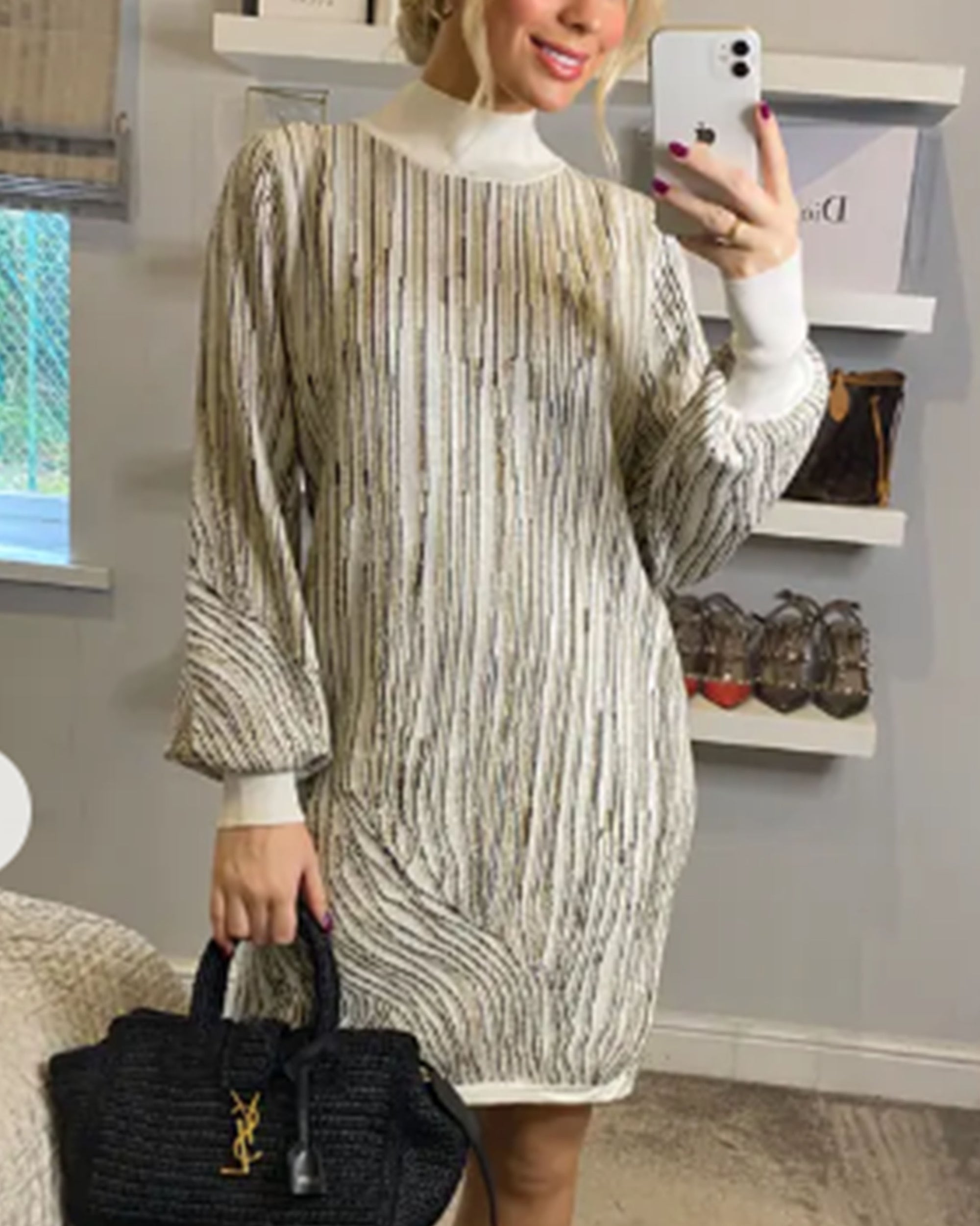 Gold metallic design long jumper dress in Cream