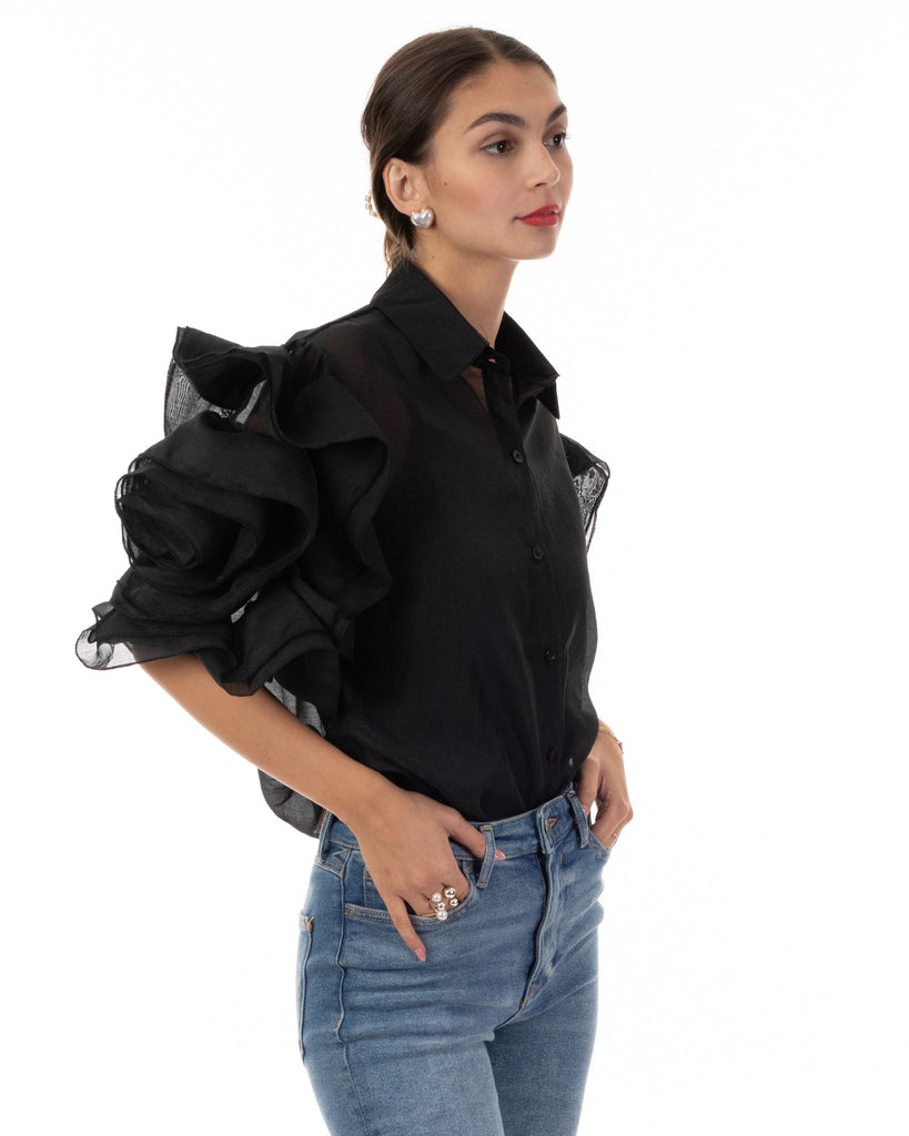 Double Layered Ruffles statements sleeves shirt top in Black