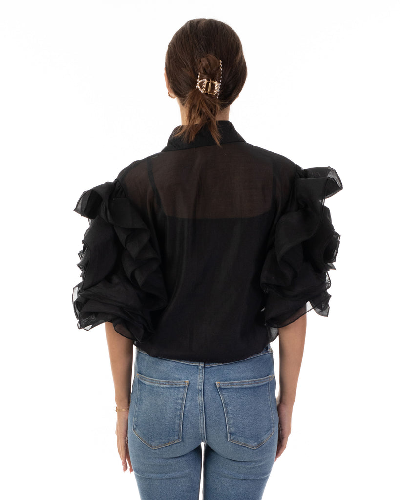 Double Layered Ruffles statements sleeves shirt top in Black