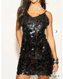 Circle Disc Sequin Strappy Short Dress in Black