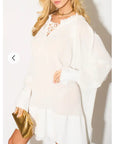 Oversized Silky Chiffon pleated shirt dress with Frilled detail hem in white