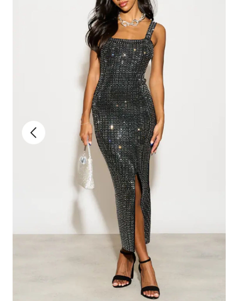 Multi Diamond Sequin Maxi Dress in Black