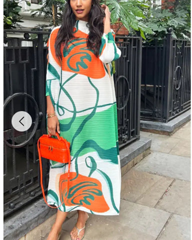 Multi Color Print Pleated Dress in three quarter sleeves in green and orange