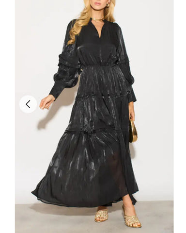 Silky feeling organza midi dress with ruffle design on sleeves and skirt hem in Black