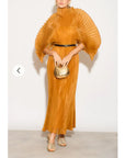 Pleated long dress with organza pleated cape sleeves in Gold