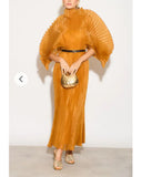 Pleated long dress with organza pleated cape sleeves in Gold