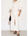 Cotton blend oversized shirt dress with ruffle sleeves design in white