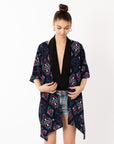 Blue Aztec Tile Print Cotton Long Kimono Cardigan Top