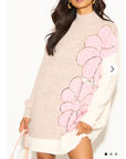 Soft knit long jumper dress with Floral Pattern in Camel Beige